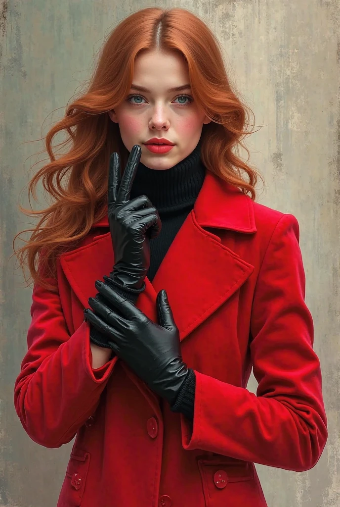 A girl wearing a red overcoat with black gloves with Canva art style 