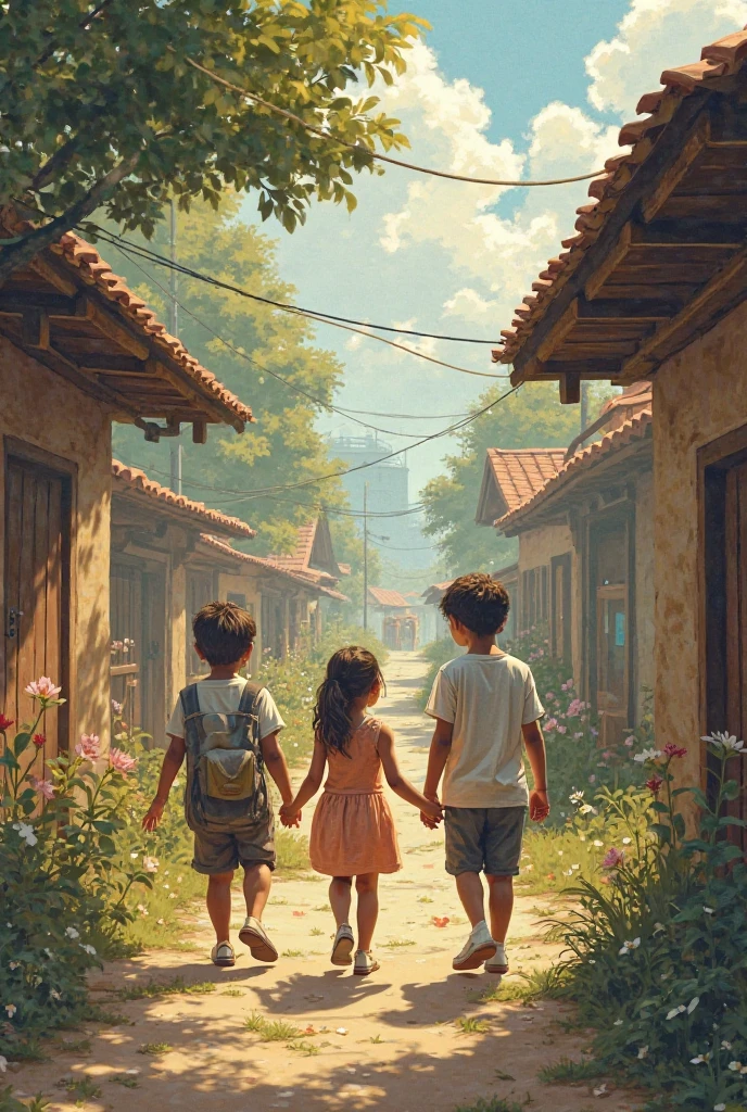 A girl in the middle while 2 boys are walking away from her
