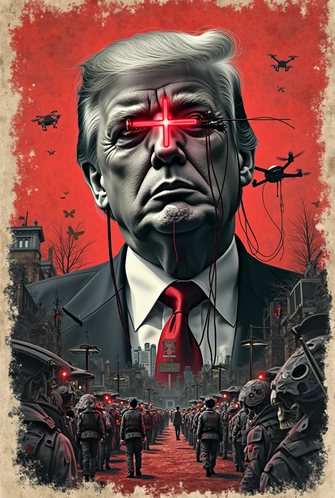 President Trump as a Templar warrior in a white suit and a Templar cross. Evil zombies and Satan in the background