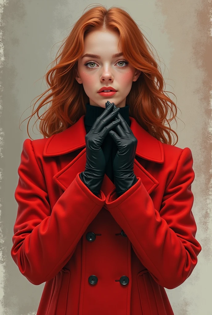 A girl wearing a red overcoat with black gloves with Canva art style