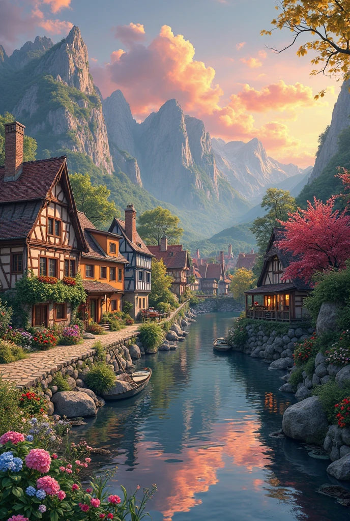 A small town by the river, mountains in the background, colorful floral flowers, detailed landscape, beautiful natural landscapes, atmospheric lighting, scorching sunset, warm colors, practical, photographic, detailed foliage, complex buildings, cobblestone street, charming country house, vibrant colors, lush vegetation, reflections in the water,  picturesque, idyllic, artwork, photos, 8K, extremely detailed, anime style