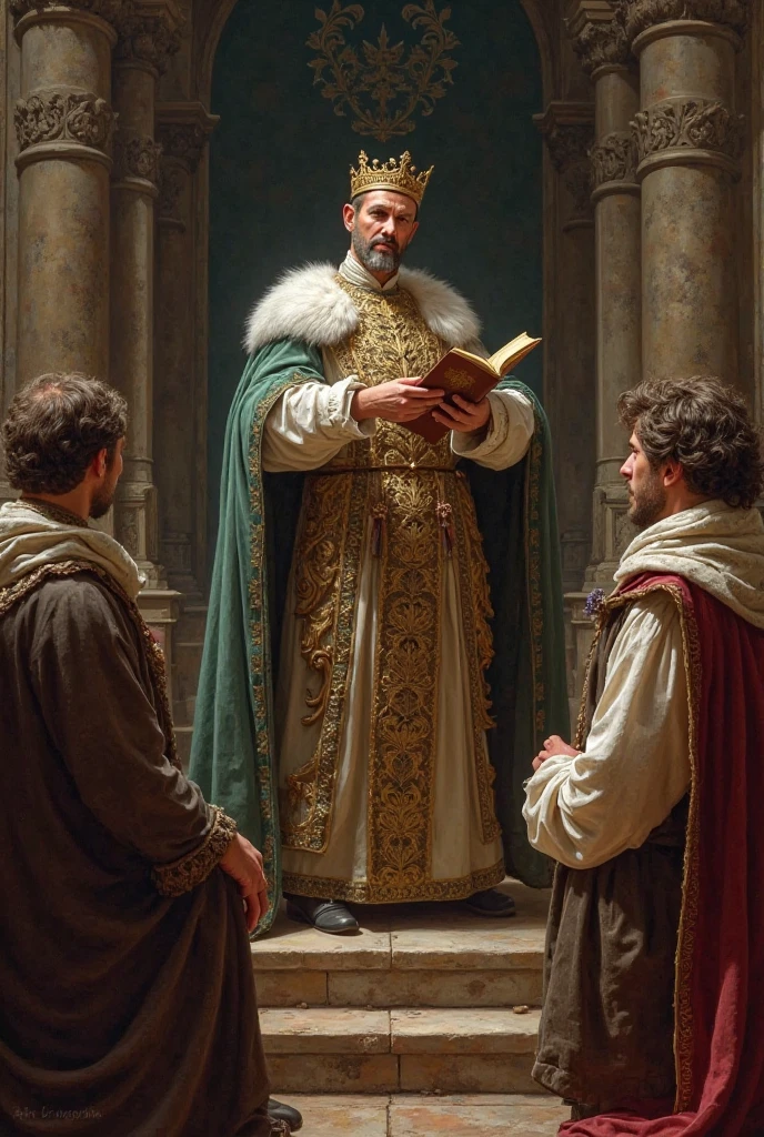 A monarch teaching books or science to peasants, but from a high position.