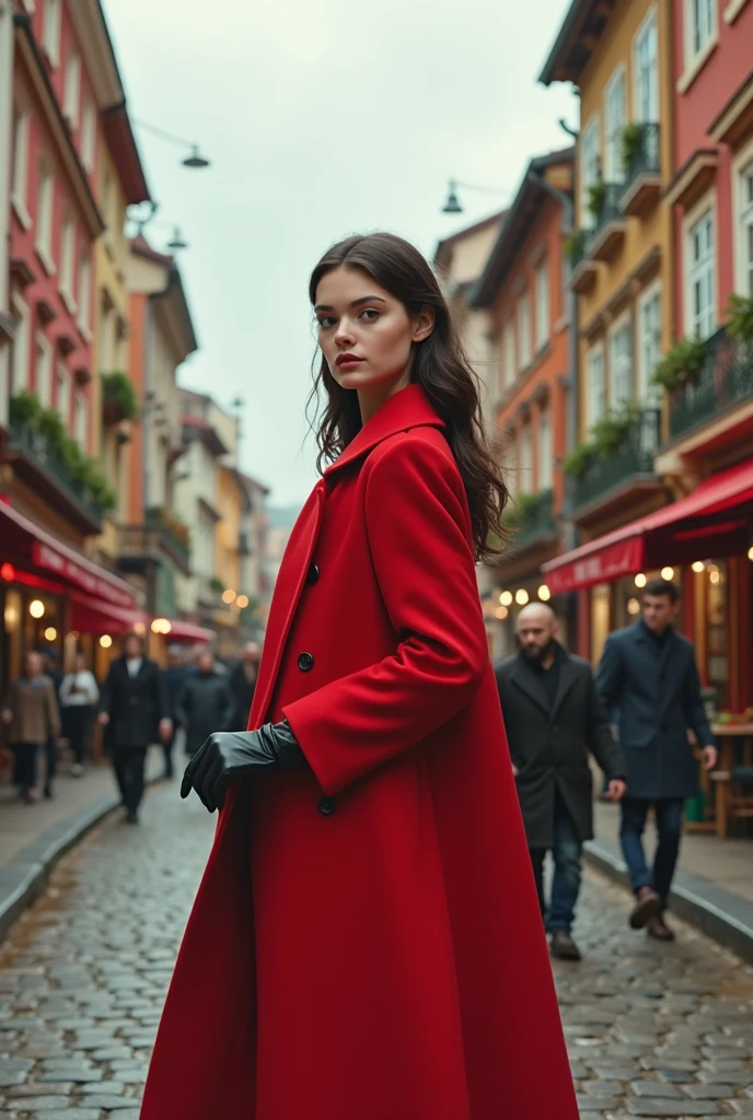 A girl wearing a red overcoat with black gloves in a town 