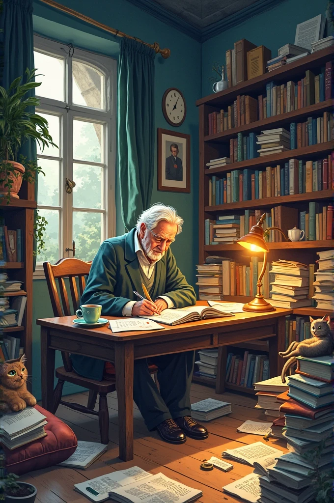 an old studio, with books and papers around. (Animated)