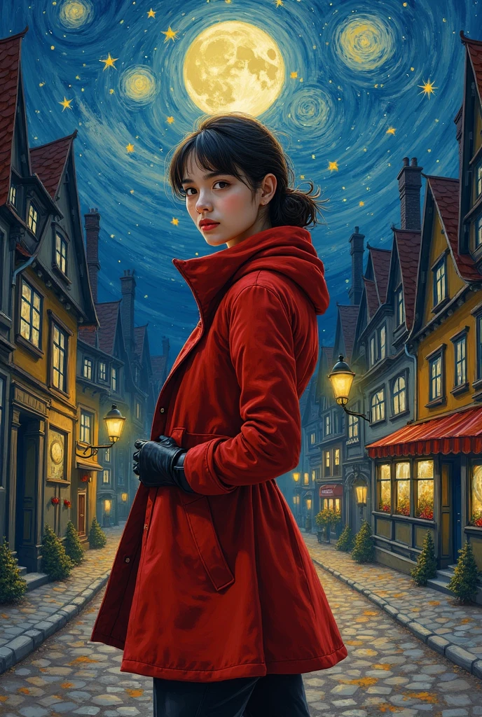 A girl wearing a red overcoat with black gloves in a town at night under the moon and make it van Gough painting type  