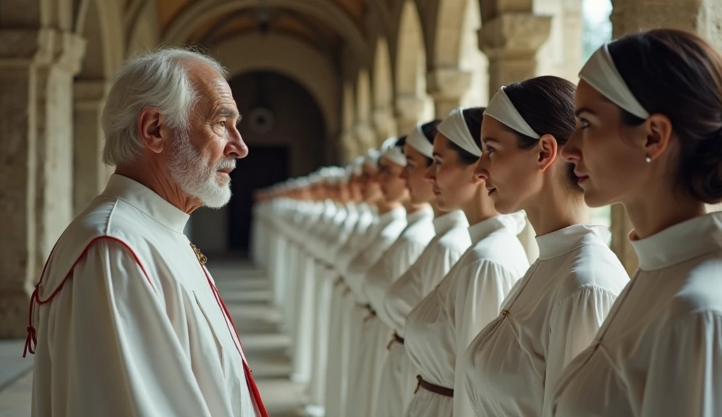 The image shows a visually striking scene, probably from a film or series, set in a cloister or corridor with ancient architecture, possibly Baroque or Romanesque, marked by stone columns and arches. On the left side of the image, there is an old man in his 60s, dressed in a kind of white cassock with red detailing. He is looking directly at a row of women who are lined up in front of him. He is thoughtful. And he seems to be choosing one of them. With his hands on his face as if he is thinking. On the right of the image, the sexy women form a perfect row, all wearing nun's costumes, with minimal cuts, huge breasts and cleavage showing (huge breasts). They are positioned side by side, in a rigid and disciplined posture, looking straight ahead. They all have short, dark hair, similar in cut, and wear a white headband — which gives a sense of almost robotic uniformity, as if they were part of some kind of training or ritual. The repetition of similar bodies and faces contributes to a surreal, almost dystopian aesthetic.