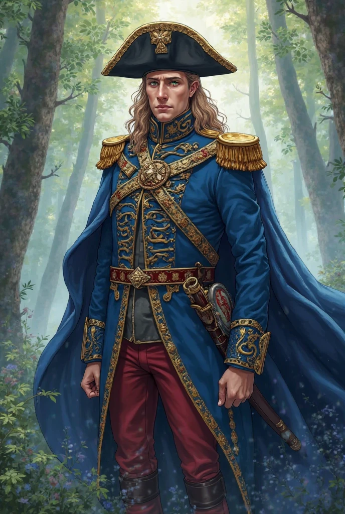 Make a Swedish male soldier in royal blue imperial uniform with yellow details and some red details that are from the Swedish empire and wears a large black tricorn hat on his head and white details on his head and has long light brown hair that is slightly wavy and in the background he is in a misty forest with his sabre and he wears an elegant blue cape in the background in the anime style.