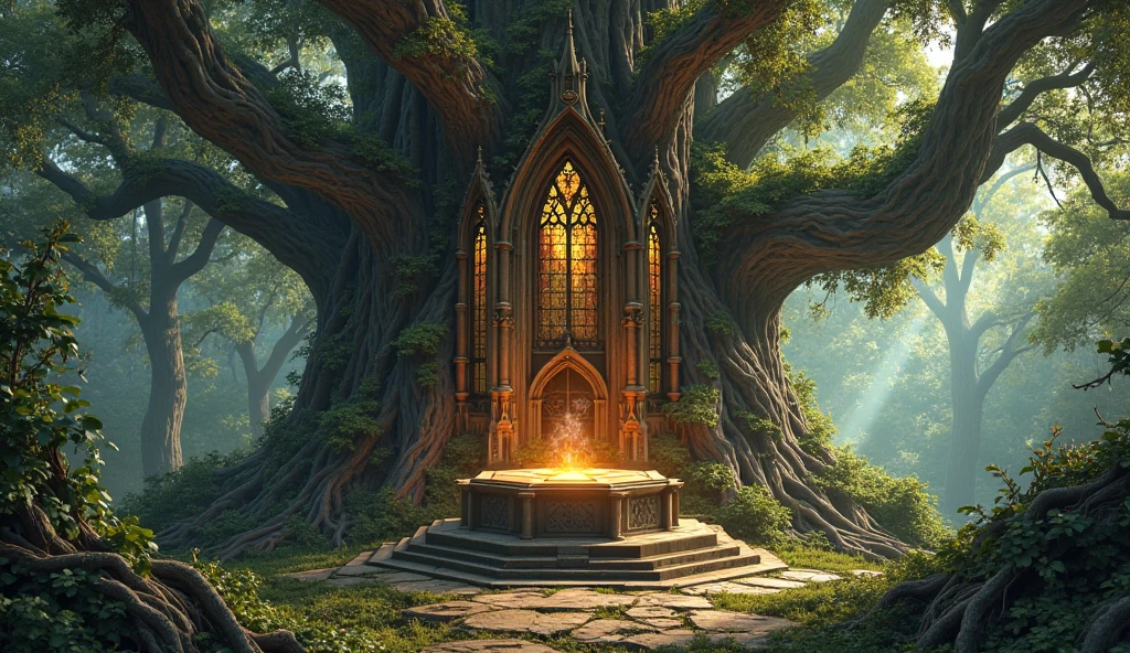 A majestic gothic cathedral suspended among the branches and roots of an ancient, gigantic tree. The structure is organically merged with wood and vines. Stained glass windows filter sunlight through the foliage. A hexagonal altar made of glowing wood rests in the center. No characters. Enchanted forest, mystical, sacred nature.