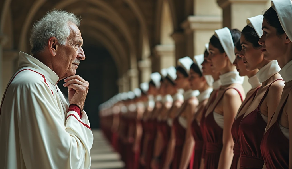 The image shows a visually striking scene, probably from a film or series, set in a cloister or corridor with ancient architecture, possibly Baroque or Romanesque, marked by stone columns and arches. On the left side of the image, there is an old man in his 60s, dressed in a kind of white cassock with red detailing. He is looking directly at a row of women who are lined up in front of him. He is thoughtful. And he seems to be choosing one of them. With his hands on his face as if he is thinking. On the right of the image, the sexy women form a perfect row, all wearing nun's costumes, with minimal cuts, huge breasts and cleavage showing (huge breasts). They are positioned side by side, in a rigid and disciplined posture, looking straight ahead. They all have short, dark hair, similar in cut, and wear a white headband — which gives a sense of almost robotic uniformity, as if they were part of some kind of training or ritual. The repetition of similar bodies and faces contributes to a surreal, almost dystopian aesthetic.