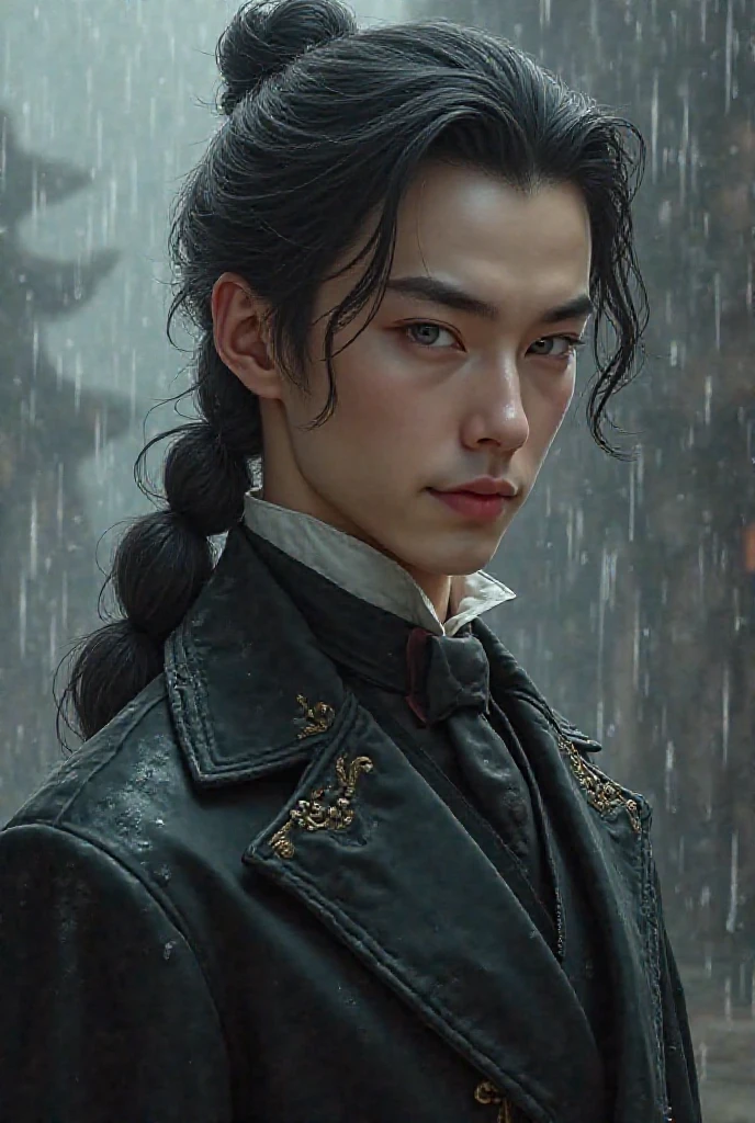 Handsome young man,  elegant facial features , slim young guy, black long hair braided in a ponytail, grey eyes, polite smile, cunning look, aristocratic clothing, pose bow,  raincoat