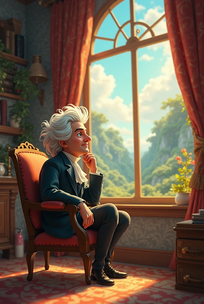 Isaac Newton seated, looking out a window.
Animated.