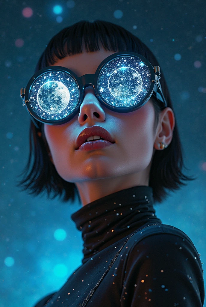 The model wears glass sunglasses with stars and the moon in the glass