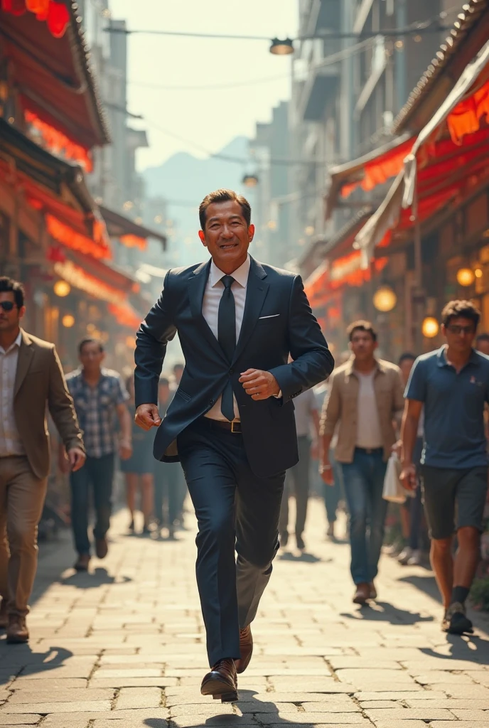A man in a suit runs in Namdaemun with a bright smile