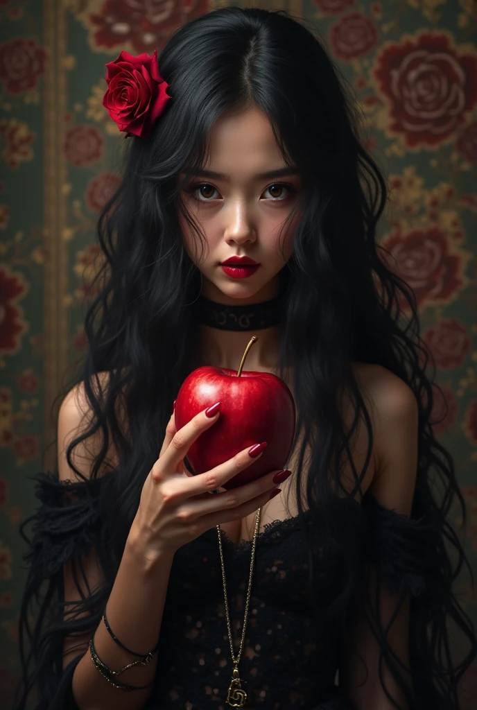 ((RAW Photo), absurd, (absurdresolution)), masterpiece, best quality, (Extremely detailed 8k unity CG wallpaper), (best illustration), (best shadow), Realistic lighting, beautiful detailed glow, ((21 years old)), girl, long black hair, black queen, accessories, apple in hand, poisoned apples, witch queen, red lipstick, (((Photographic Perspective of her)))
