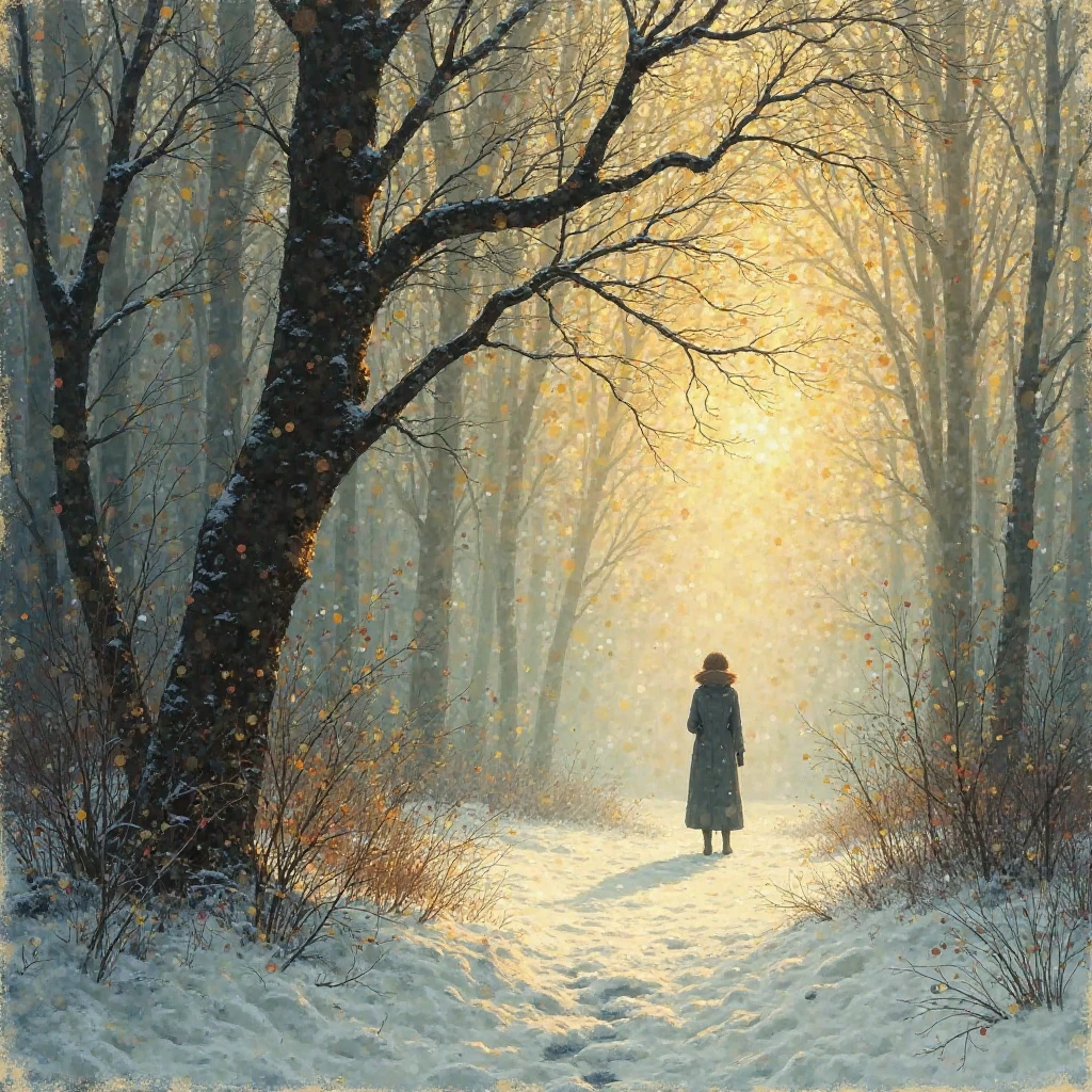 Poem: "there's a certain slant of light"

 Author : Emily Dickinson

Original English version:

> there's a certain slant of light,
Winter Afternoons —
That Oppresses, like the Heft
Of Cathedral Tunes —



Heavenly Hurt, It Gives Us —
We can find no scar,
But internal difference —
Where the Meanings, are —

None May Teach It — Any —
'Tis the Seal Despair —
An Imperial Affliction
Sent us of the Air —

When it comes, the Landscape listens —
Shadows — Hold Their Breath —
When it goes, 'tis like the Distance
On the Look of Death —


---

Spanish translation:

> There is a certain inclination of light
on winter evenings —
that presses, like the weight
of the cathedral hymns —



It's a heavenly wound —
that doesn't leave a scar,
just an internal difference —
where do meanings live —

No one can teach it — to anyone —
It's the Seal of Despair —
an imperial affliction
sent from the air —

When it arrives, the landscape hears —
the shadows — they hold the breath —
When is, is like distance
in the face of Death —

I want a drawing inspired by the poem

