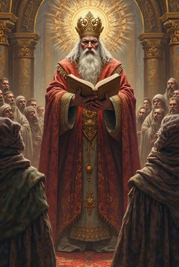 image: Religious leader with holy book dictating laws to followers.
Idea visual: Religion as the basis of government.
