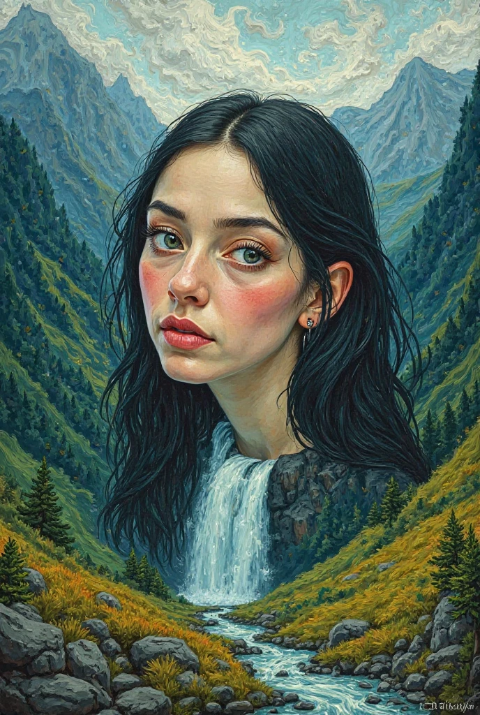 
Create a symbolic self-portrait in the style of Vincent van Gogh. The portrait must have visible brushstrokes, with vibrant colors that express vitality and connection with nature.  The composition must be horizontal . The person represented has light brown skin, round face, pink lips, and long hair, smooth and dark. Its expression is calm and contemplative. The background should include a powerful waterfall surrounded by green mountains covered in fog, symbolizing a strong connection with nature, introspection and inner peace. Add elements such as rocks and trails to suggest an emotional or spiritual journey