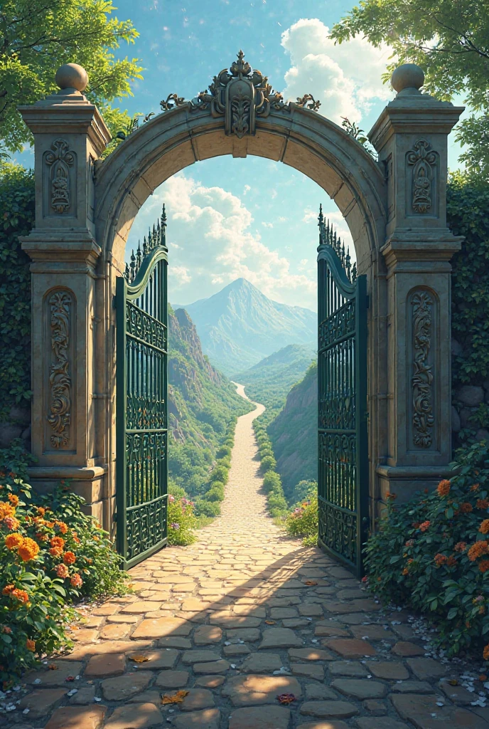 Draw the same revolution as the previous revolution but an open gate and a long path 