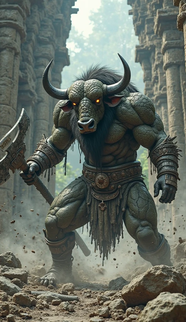 Giant monstrous two-headed rhino beast warrior,double big ax,spiked step,gigantic d&d-sized monstrosity,stark,Stately,huge ass,ferocious,terrifying,beastars,mythical,stark arms,Outgoing muscles,fierce expression,eerie glowing red eyes,fancy,creature,poised for battle,body armor,muscular, threatening presence,Overwhelming power,destructive force,ancestor,legendary,clairvoyant,legendary,roaring with fury,giant horn,indomitable,Lasting,Unstoppable,legendary protector,Divine Strength,Unrest,unleashed,unyielding,majestic,savage power,bloodthirsty,immense power,Monstrous Strength,Invincible, larger than life (best qualityer,4K,8k,high resolution,work of art:1.2),ultra detali,(realisitic,photorealisitic,photo-realisitic:1.37), HDR,ultra HD,studio lighting,ultra-fine painting,sharp focus,Physically based rendering,extreme detailed description,proffesional,bright coloured,bokeh,concept artist.