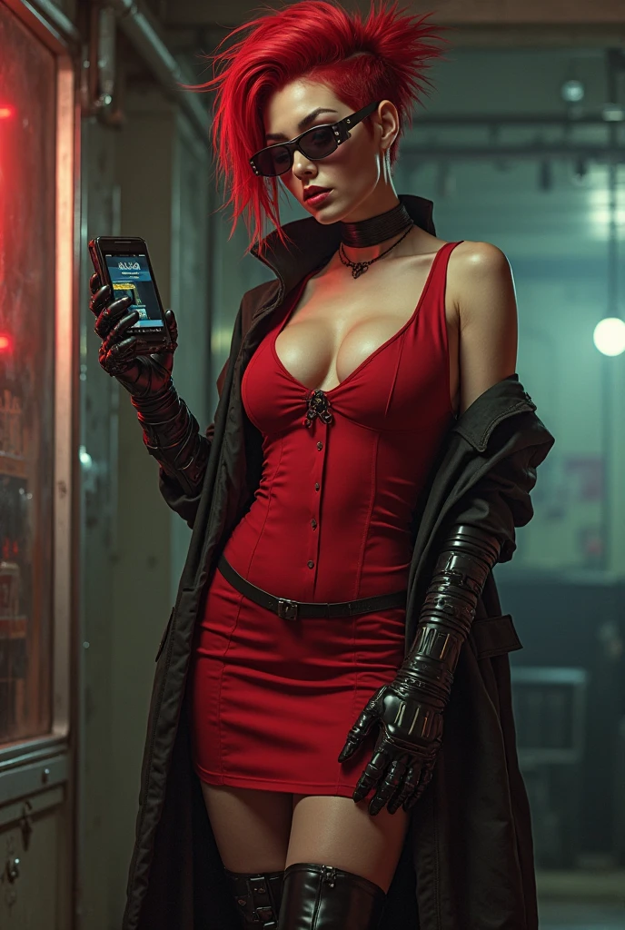I want to create a photorealistic woman, A spy prostitute, voluptuosa, spiked red hair post-punk style, heavy makeup, I want some discreet cyber implants on my face, tight red dress, Half a trawl, black boots, red eyes a viewing glasses with a HUD, a computer on the arm, And a cybernetic glove, 
