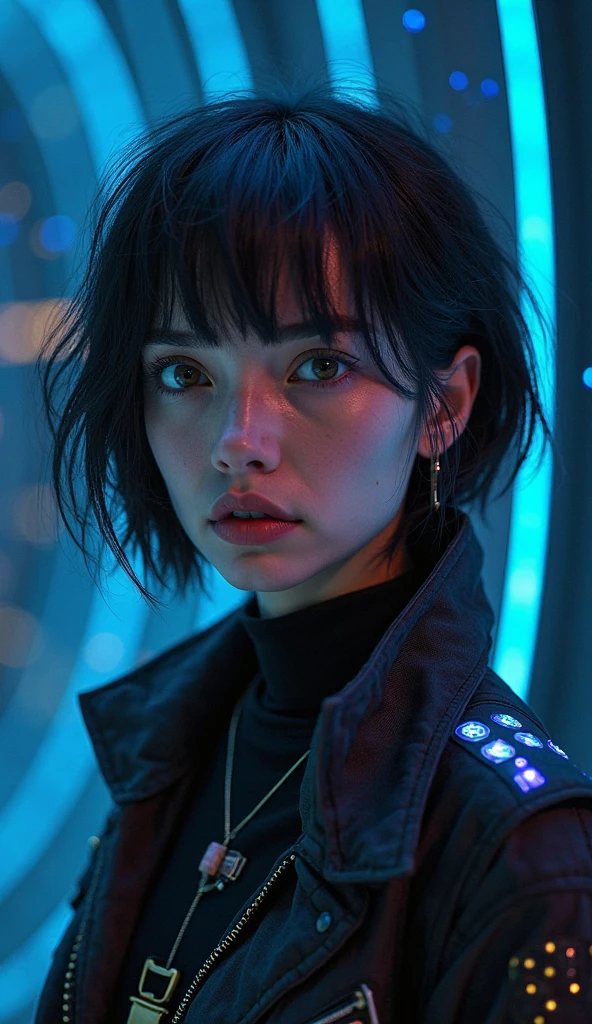 Create an HD image, cosmic minimalism with ultraviolet light, empty starry with spheres of historical moments. In the foreground: Valeria ( 24-year-old woman, oval face, thin and expressive eyebrows ,  straight nose, thin lips with a slight stretch of permanent concentration, jet black hair, short in asymmetric layers (left side longer than the right), with blue electric highlights on the tips, almond-shaped eyes, dark hazel color, with digital reflections (tiny binary codes visible when approaching), Skin color Light gray tone, dressed in a black shirt and a tight Cyberpunk jacket with LED panels on the shoulders (show alerts for Chronos), black cargo pants with pockets full of miniature tools, fits modified military boots with holographic magnetic sole, wears a necklace with an old USB chip) (reconstruct code), Leo (26 years old, square face chair, well-groomed three-day beard, small scar on the right cheek (memory of an archaeological adventure), Sarcastic smile, wavy brown hair, with a stripe on the left side, premature gray at the entrances, intense green eyes, surrounded by digital magnifying lenses (transparent glasses with bronze frames), Skin color Light olive tone, wears beige linen shirt rolled up, on a black t-shirt with a Windy Rose design, Worn jeans with old map patches on the knees, Brown explorer shoes with gold laces) tries to connect broken mirrors.
(Order dates).
separation: Each one is at the vertex of a golden triangle.
symbol: The Earth shines like a puzzle in the center.
--no merged hands, --no overlapping figures*