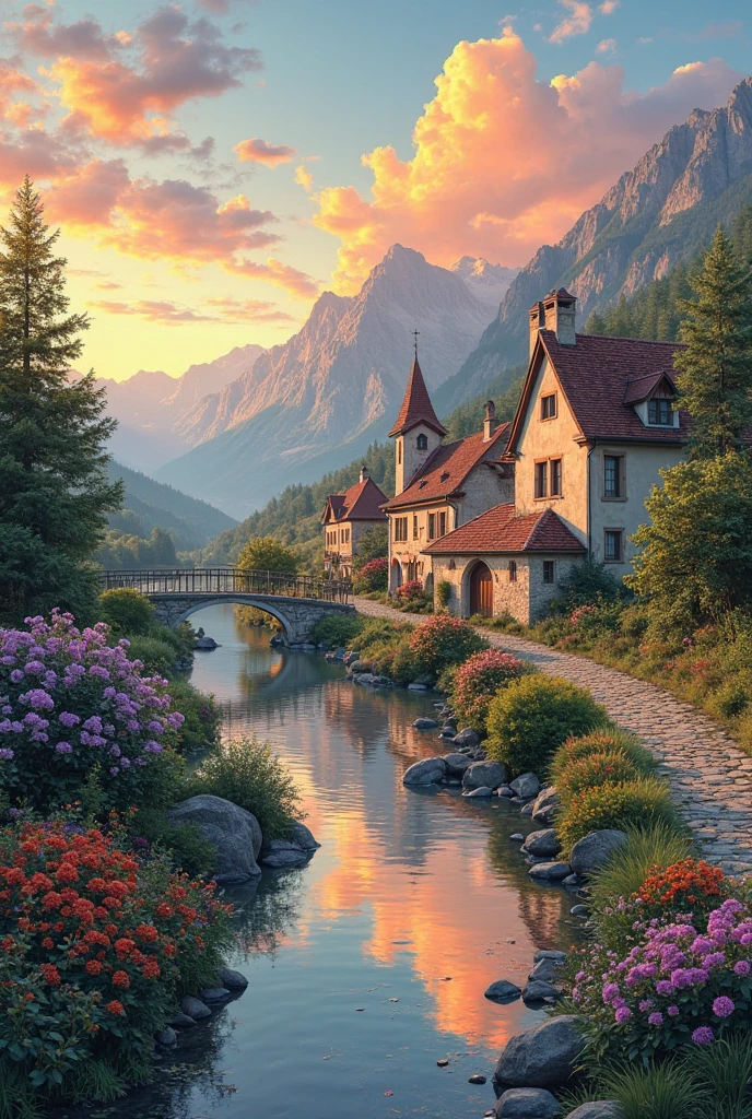 a small village by the river, mountains in the background, fleurs florales colorées,  detailed landscape , Beaux paysages naturels, atmospheric lighting, coucher de soleil brûlant, warm colors, pratique, photorealistic, Detailed foliage ,  complex buildings, Cobblestone street, Charming country house, bright swirling colors, lush vegetation,  Reflections of still water, Pittoresque, idyllique,  work of art, best quality, 8k, extremely detailed, style anime.