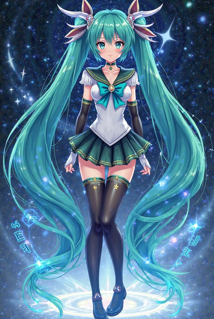 1 girl, Hatsune Miku, big , ((Bishoujo Senshi Sailor Moon costume)), miniskirt, long gloves, inside the room, white stockings, beautiful eyes, ultimate physical beauty, top quality,