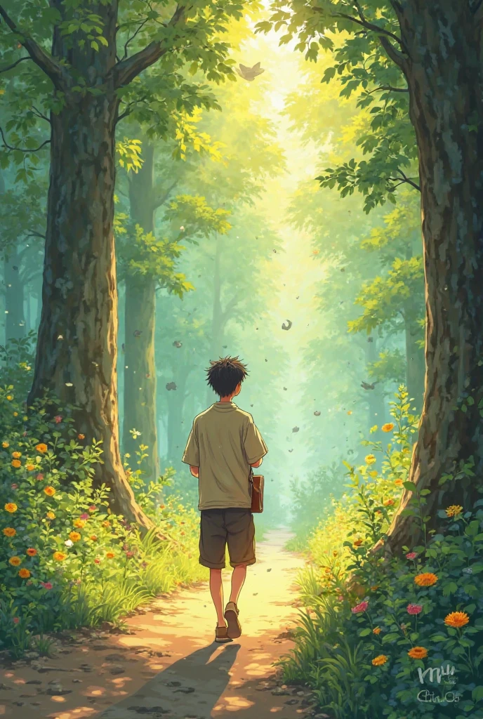 A Studio Ghibli-style illustration of a man walking peacefully through a sunlit forest path, holding a Christian Bible gently in his hands. He wears simple clothes, and his expression is serene and thoughtful. Soft rays of light filter through the trees, illuminating floating dust particles. The scene is vibrant and warm, with lush greenery, colorful flowers, and birds flying overhead. The atmosphere is peaceful and magical, with a gentle wind slightly rustling his hair and clothes, in classic hand-drawn Ghibli animation style.