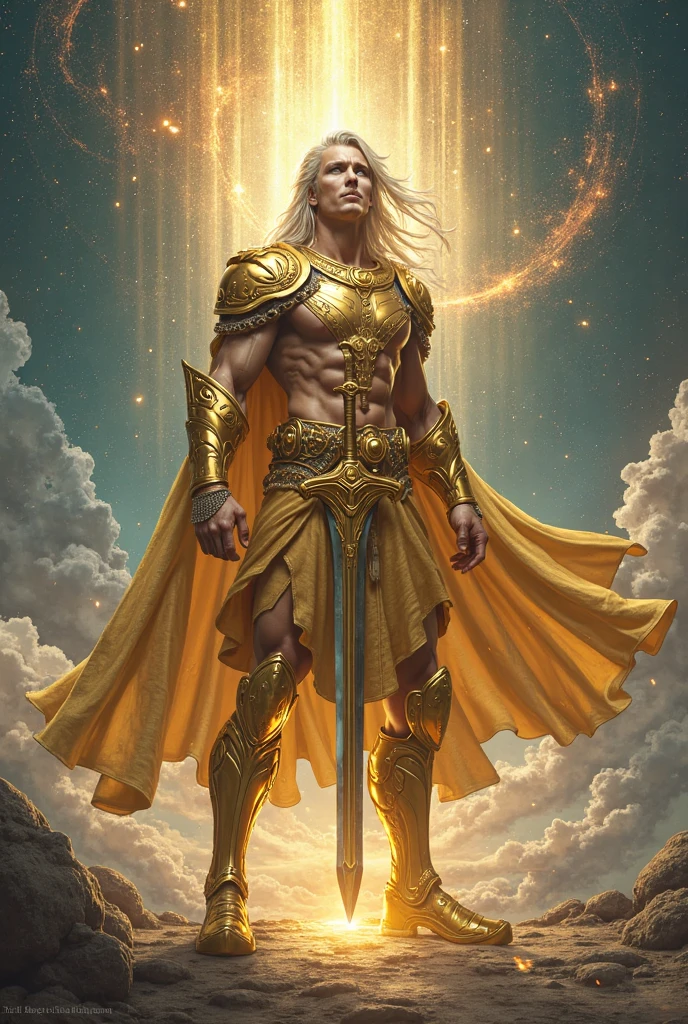 In a celestial realm bathed in divine radiance, Vortex is transformed into a godlike being of golden splendor. His long, flowing hair and ornate armor are adorned with brilliant gold, and divine symbols glow with celestial energy. His majestic sword is enveloped in a golden aura, radiating a sense of unparalleled strength and purity. The background features a heavenly sky with beams of radiant light piercing through the clouds, emphasizing his divine and majestic presence. His eyes shine with a celestial brilliance, making him a beacon of godly power and serenity.