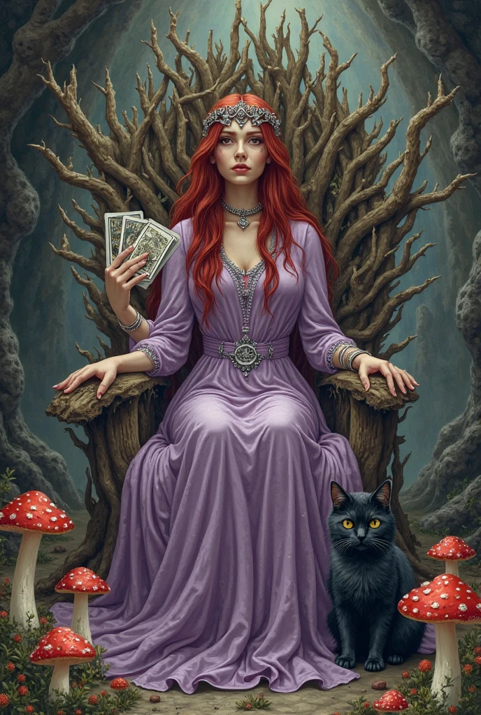 ((Benevolent voluptuous ((Puerto Rican)) mother)) with (long curly red hair) sitting in an opulent throne while reading a popular manga, (wearing a short cropped blue-and-red hoodie with Sewn-in detailing), cannabis tattoos on arms and legs, (wearing bracelets and thigh high stockings), plump thighs, high quality photo, sitting in the middle of the (dense cannabis sativa beach) during golden hour