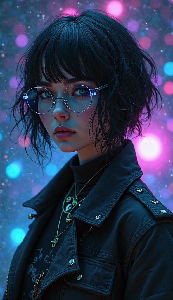 Create an HD image, cosmic minimalism with ultraviolet light, empty starry with spheres of historical moments. In the foreground: Valeria ( 24-year-old woman, oval face, thin and expressive eyebrows ,  straight nose, thin lips with a slight stretch of permanent concentration, jet black hair, short in asymmetric layers (left side longer than the right), with blue electric highlights on the tips, almond-shaped eyes, dark hazel color, with digital reflections (tiny binary codes visible when approaching), Skin color Light gray tone, dressed in a black shirt and a tight Cyberpunk jacket with LED panels on the shoulders (show alerts for Chronos), black cargo pants with pockets full of miniature tools, fits modified military boots with holographic magnetic sole, wears a necklace with an old USB chip) (reconstruct code), attracted: Leo (26 years old, square face chair, well-groomed three-day beard, small scar on the right cheek (memory of an archaeological adventure), Sarcastic smile, wavy brown hair, with a stripe on the left side, premature gray at the entrances, intense green eyes, surrounded by digital magnifying lenses ( glasses with bronze frames), Skin color Light olive tone, wears beige linen shirt rolled up, on a black t-shirt with a Windy Rose design, Worn jeans with old map patches on the knees, Brown explorer shoes with gold laces) tries to connect broken mirrors.
(Order dates).
separation: Each one is at the vertex of a golden triangle.
symbol: The Earth shines like a puzzle in the center.
--no merged hands, --no overlapping figures