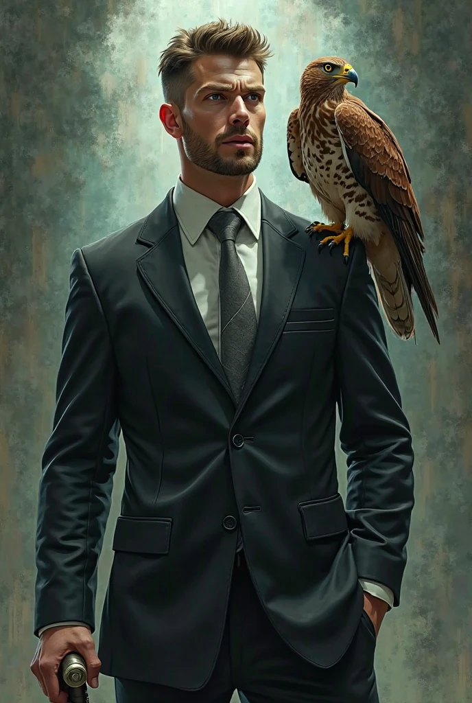   tall man, strong and handsome with short brown hair and short beard, dressed in a black suit and a gray tie,   with a cane   , using her vegetable magic with a falcon on her shoulder