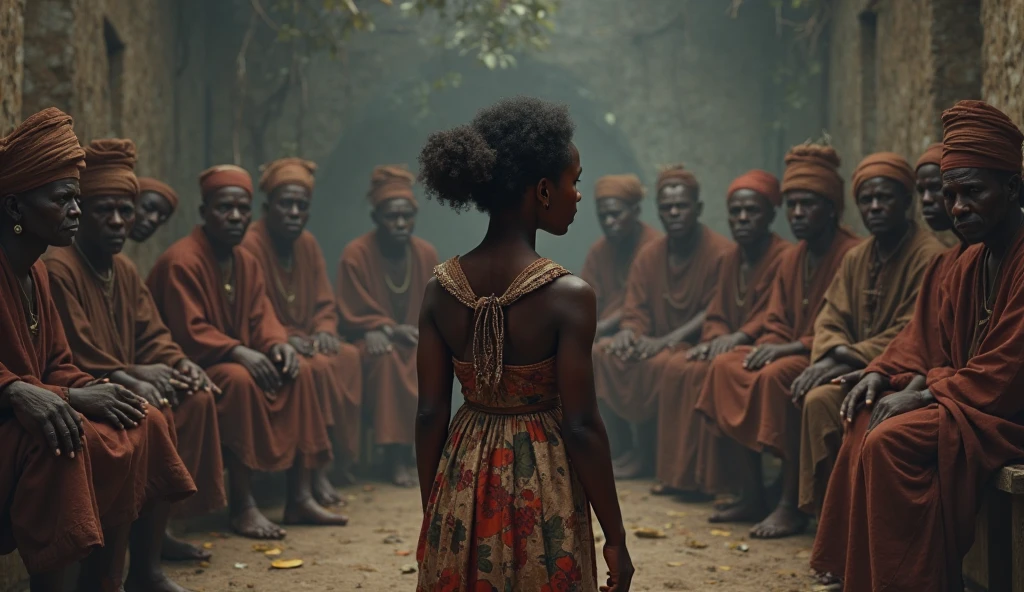 Angry villagers, accusing Nyah(a girl) before the council of elders. All black-skinned