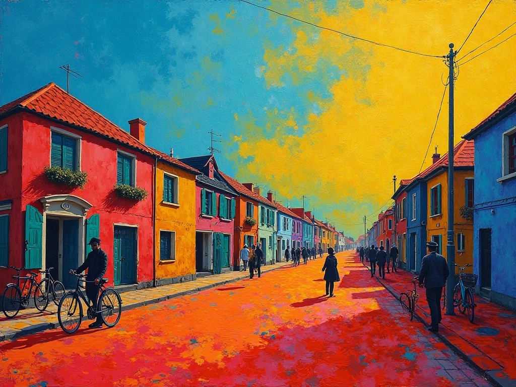 "Fauvist painting in the style of Louis Valtat, surreal vision with blue-yellow sky, red-stained street, vibrantly colored houses, radiant waves of perception, silhouettes of parked bicycles, extremely artificial colors, emotional release --16:9 air --raw style --stylization 1000"
