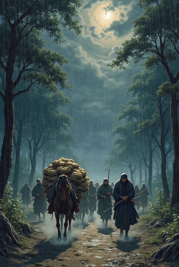 Old Japanese Painting Style, a drawing of a group of Marchants traveling with a horse brought so many bags of rice. they're going through the forest. Their being ambush by a group of ninja. It's Night time. The ninjas Attacking the Marchants. Combat Scene. Sword Fighting scene. Storm on the night sky. It's Raining. Input a ninjas. Draw a ninjas Attacking them.