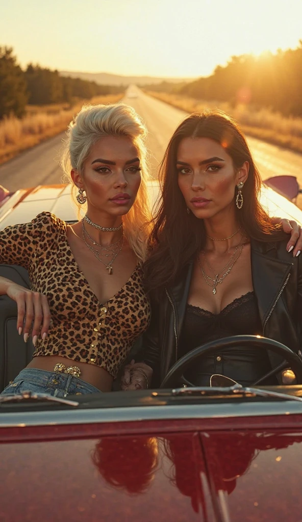 Image is a candid, casual style photograph taken inside a car. The layout features a young woman with light skin and long, blonde hair styled in a messy updo, sitting in the driver's seat. She is wearing large, black sunglasses and gold hoop earrings. Her outfit consists of a green lace bralette and distressed, light blue jeans with large rips. The interior of the car is modern with grey fabric seats. The background outside the car window shows a blurred view of buildings and a clear sky, indicating it is daytime.