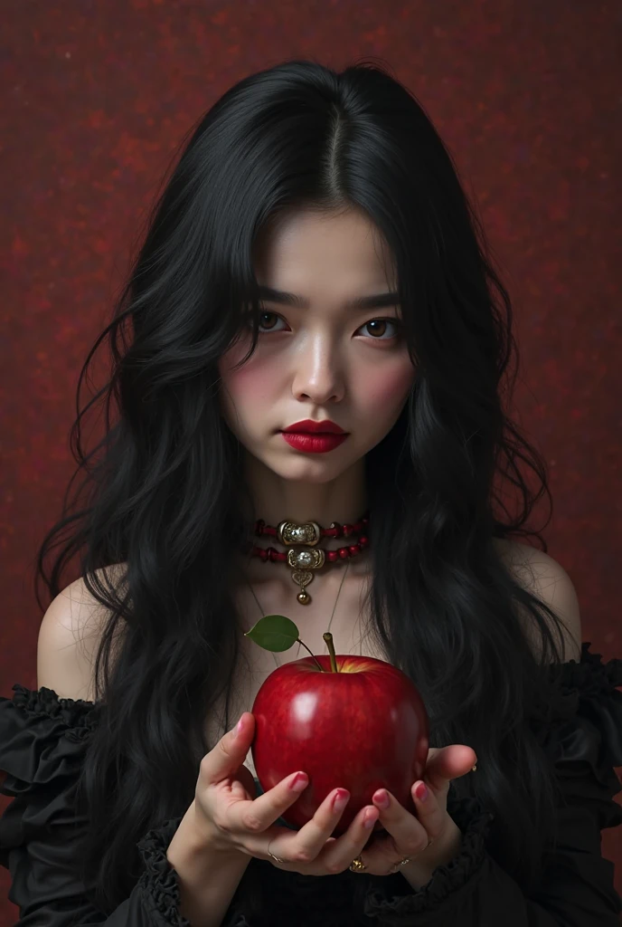 ((photo RAW),  absurd, (resolution)), masterpiece, photos, (Extremely detailed 8k unity CG wallpaper), (best illustration), (best shade), realistic lighting, detailed and beautiful shine, (( 21 years old)), chica, long black hair, black queen, accessories, apple in hand, poisoned apples, witch queen, red lipstick, (((Photographic perspective of her)))