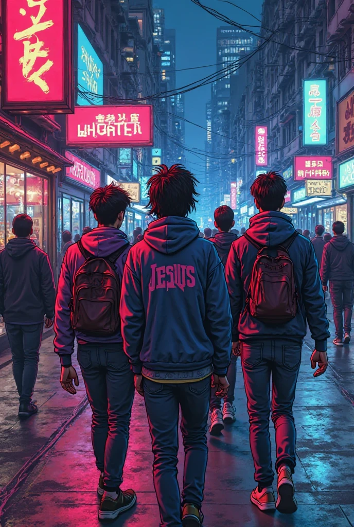 A cyberpunk-style comic book with synthwave art of a group of friends walking around the city, The sweatshirt of one of them reads the word 'Jesus' Everything maintains a cyberpunk and synthwave style, with bright lights and a futuristic environment. That the signs that are in the city or in the stores have words in English 