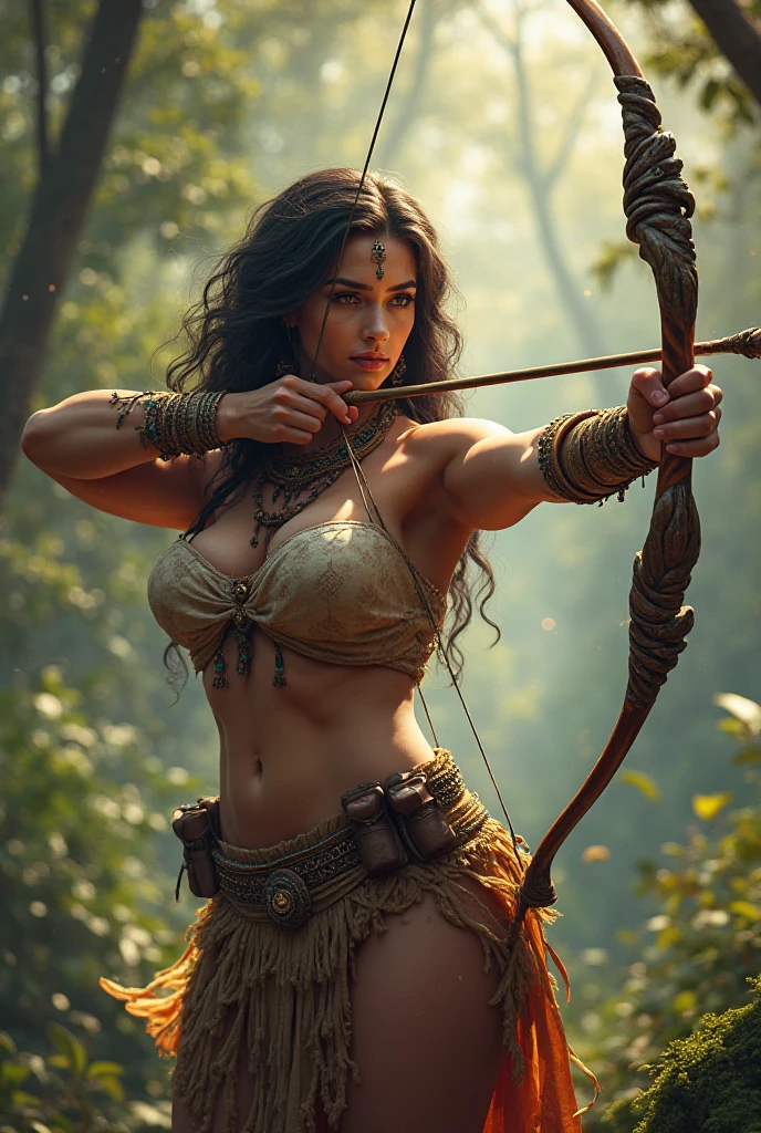A beautiful female archer, wearing a brown loincloth, in a jungle shooting an arrow, realistic