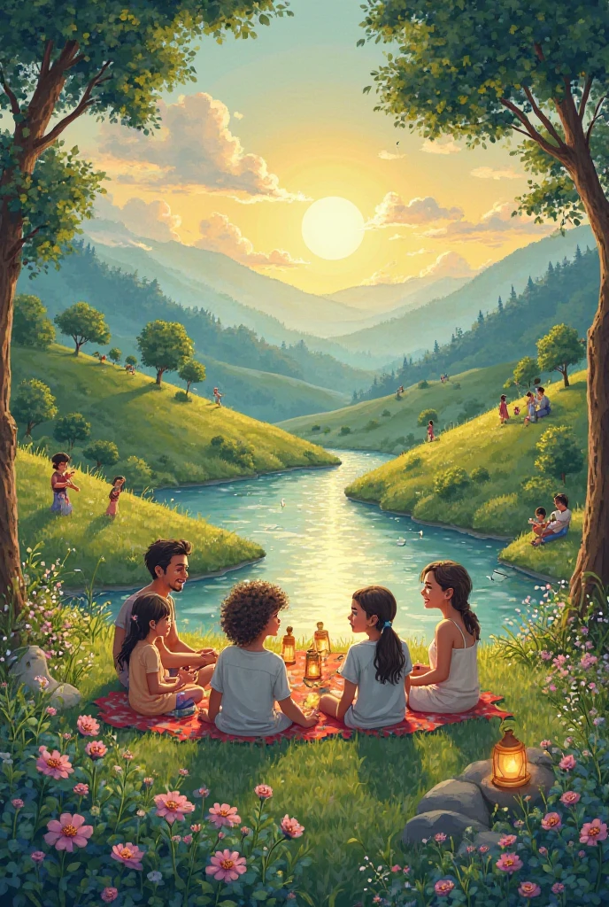 Illustration of a summer landscape with elements of warmth and kindness