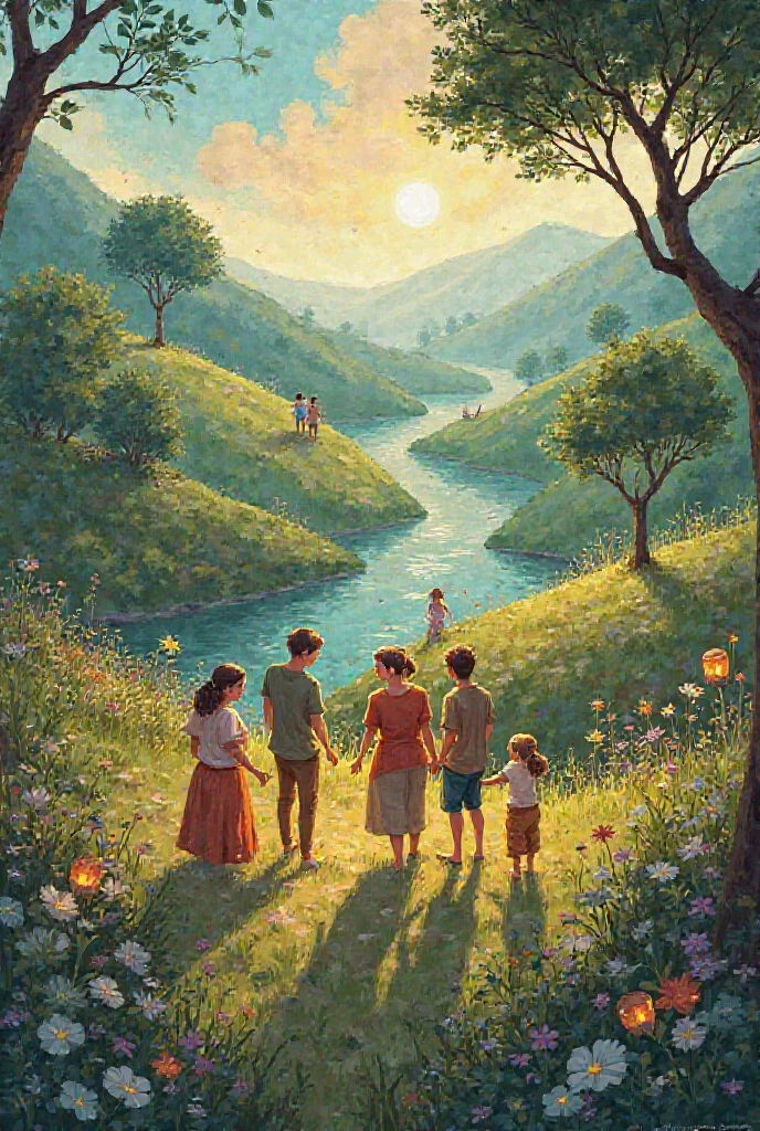 Illustration of a summer landscape with elements of warmth and kindness