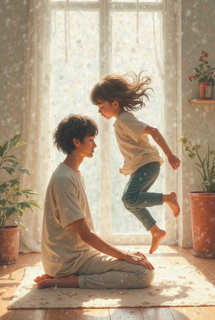 A person who is sitting on the floor stretching their legs and opening them, someone else who is jumping on their legs 