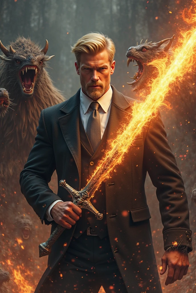 Handsome blond man with short beard dressed in a black suit , white shirt and gray tie wielding a sword shrouded in fire in combat posture fighting against beasts