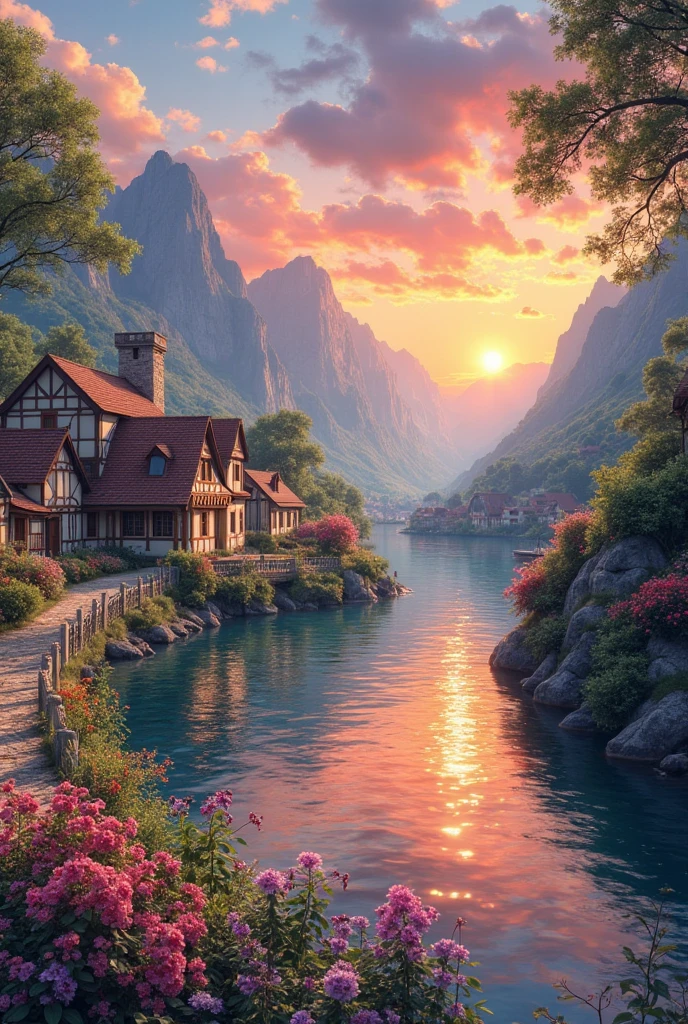 A small town by the river, mountains in the background, colorful floral flowers, detailed landscape, beautiful natural landscapes, atmospheric lighting, scorching sunset, warm colors, practical, photographic, detailed foliage, complex buildings, cobblestone street, charming country house, vibrant colors, lush vegetation, reflections in the water,  picturesque, idyllic, artwork, photos, 8K, extremely detailed, anime style