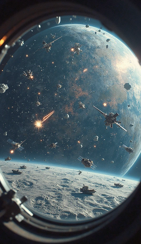 Realistic space battle scene in space, shooting from spaceships, Explosions and debris, the epic scale of what is happening, A high resolution, High detail, paint scene described in detail, high contrast of objects in dark outer space, digital frame processing, ray tracing, High realism, 32K, depth of field