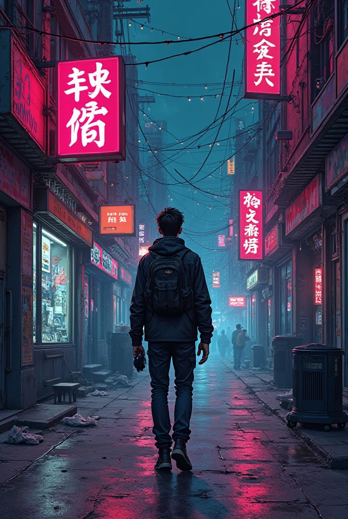 A cyberpunk-style comic book with synthwave art of a sad and lost young man walking around the city, Everything maintains a cyberpunk and synthwave style, with bright lights and a futuristic environment. That the signs that are in the city or in the stores have words in English 