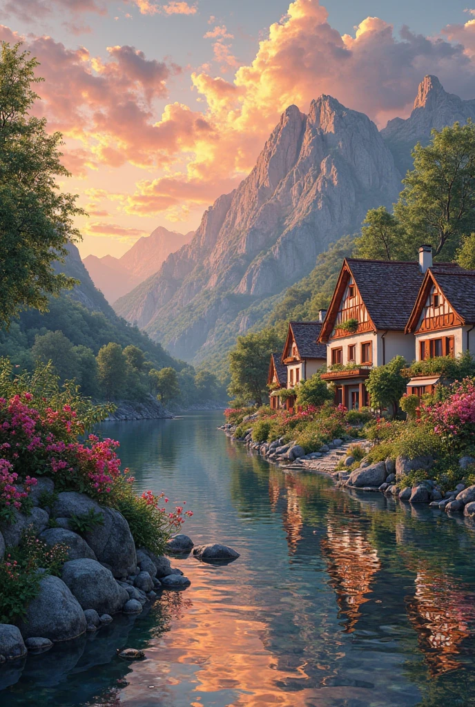 a small village by the river, mountains in the background, floral flowers colorful, detailed landscape, Beautiful natural landscapes, atmospheric lighting, scorching sunset, warm colours, practical, photopractical, Detailed Foliage, complex buildings, cobblestone street, Charming country house, swirly vibrant colors, lush vegetation, Still water reflections, Picturesque, idyllic, work of art, best qualityer, 8k, extremely detaild,anime styling
