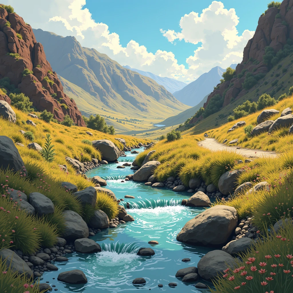 In a lonely ravine in the Andes, between rough and dry hills, A puquio: a natural spring where pure water springs from the bowels of the earth. It is surrounded by moss-covered stones and small wild flowers that resist the cold of altitude. Around you, emerges the terrain is dry, covered in ichu and prayers of yellowish grass.

From the puquio there are dirt trails, dusty and meandering, that connect with the scattered farmhouses, the ranchers' estates and finally the town of Puquio, settled lower, in a wider valley. The horizon is dominated by mountains with reddish and gray slopes, with traces of crops on abandoned terraces.

The puquio not only gives life to the arid landscape, but it is also a crossing point for farmers and muleteers who go down to the town or climb to their farms. The environment is one of silence broken only by the Andean wind and the constant noise of flowing water. 3D animation with 2D painting and illustration techniques.