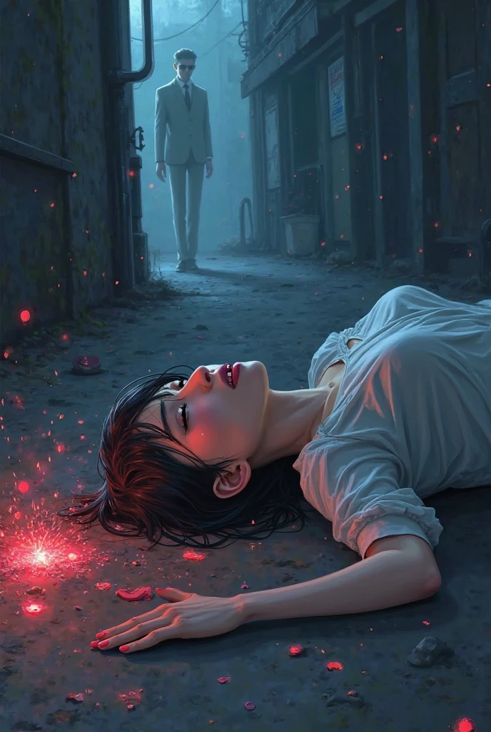 Young woman lying on her back after being shot in the chest、anime-style