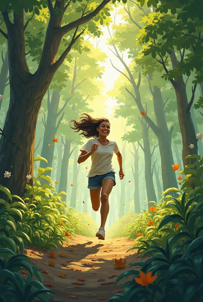 A happy running in the forest
